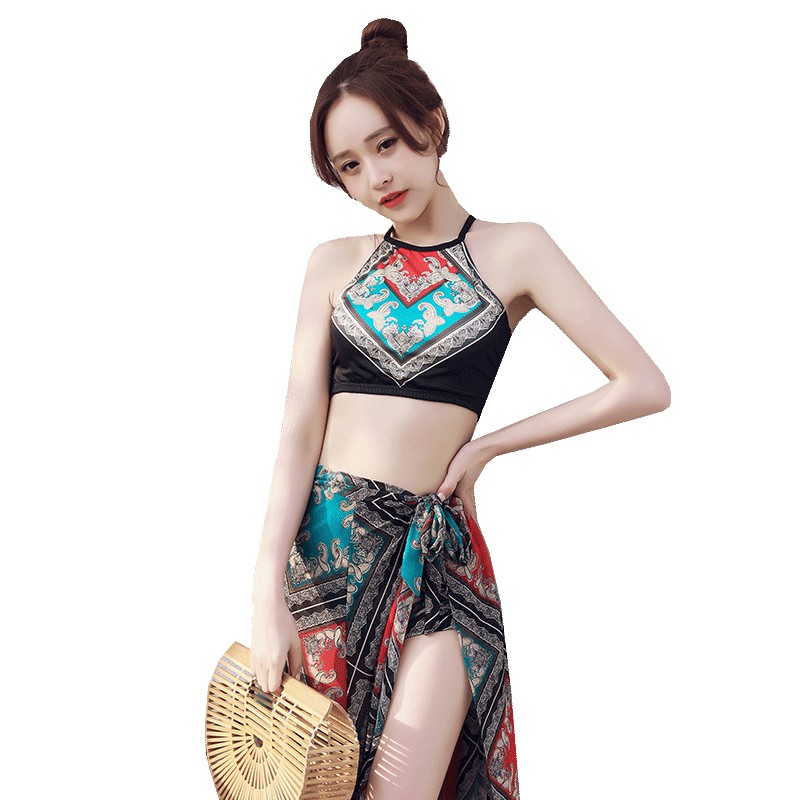 ▦☜Áo tắm nữ xẻ tà váy thời trang Nhật Bản in retro tập hợp boxer blouse chống nắng bikini mảnh mai