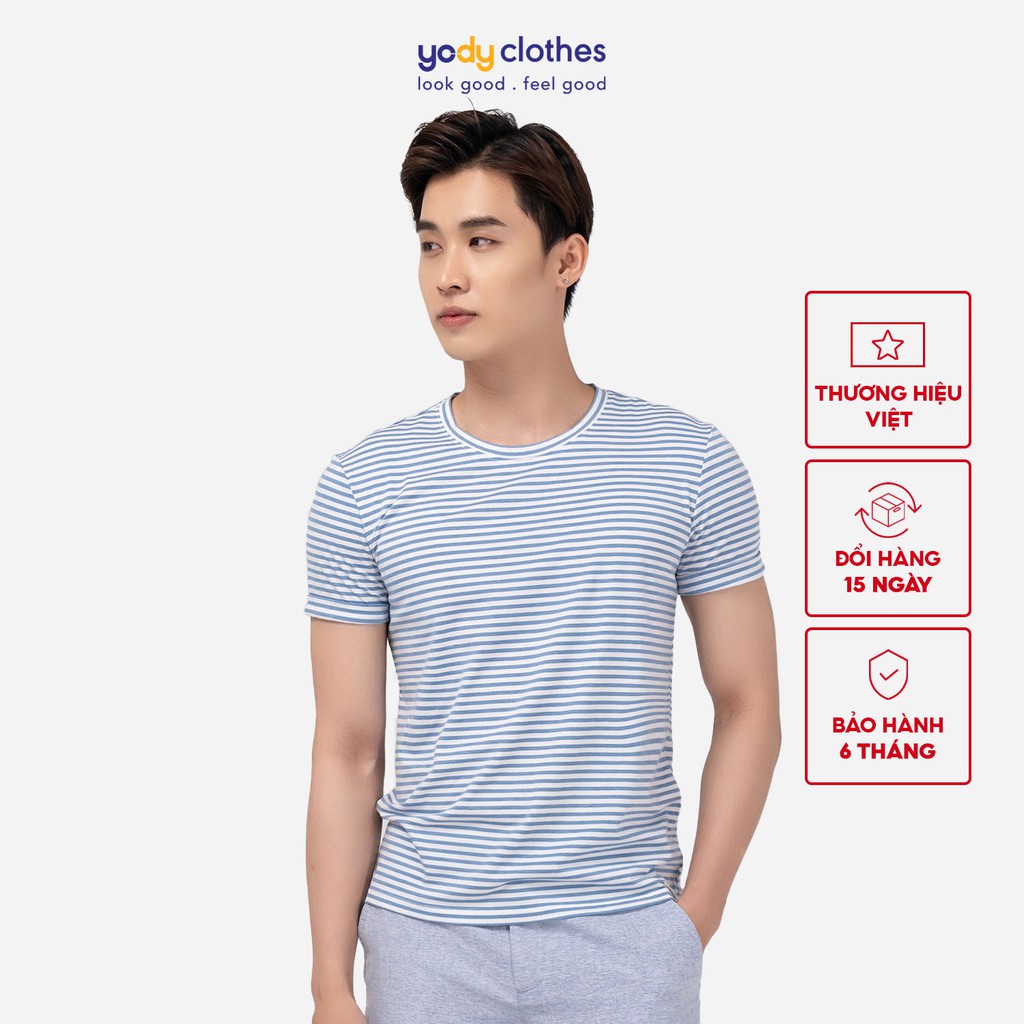 Áo thun nam YODY kẻ sọc ngang cổ tròn tay ngắn vải cotton thoáng mát nhiều màu PPM4197