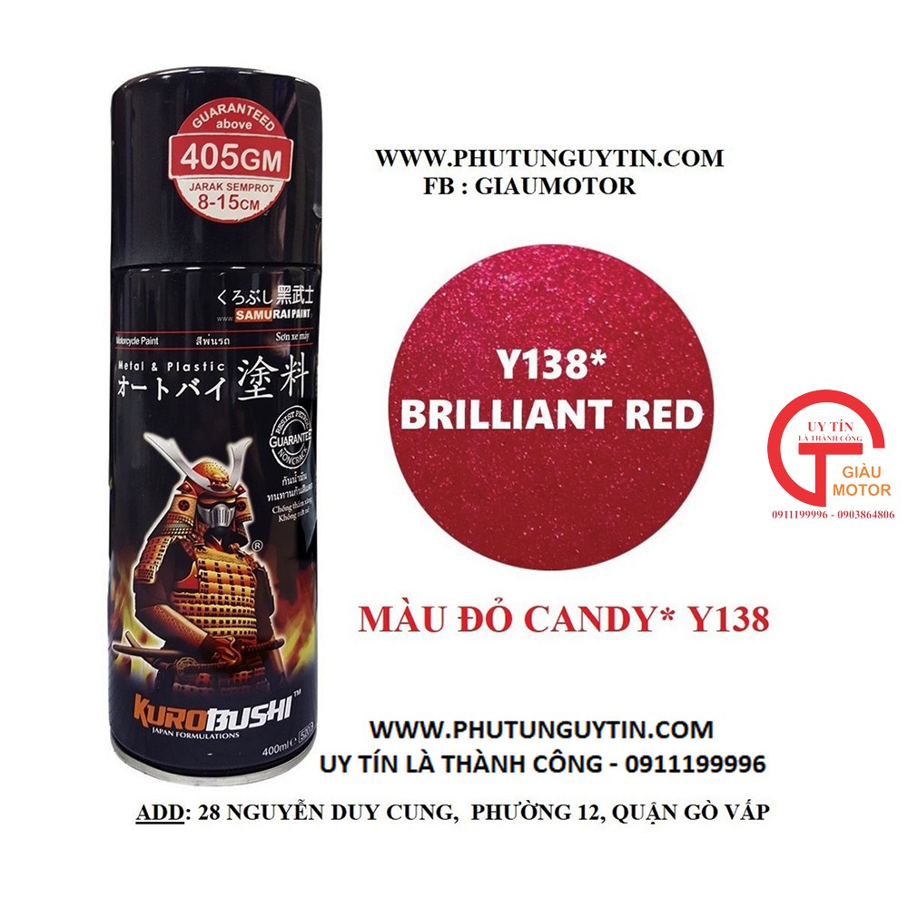 y138 _Chai sơn xịt sơn xe máy Samurai Y138  màu đỏ candy Yamaha - Brilliant Red _ uy tín, giao hàng nhanh, giá rẻ