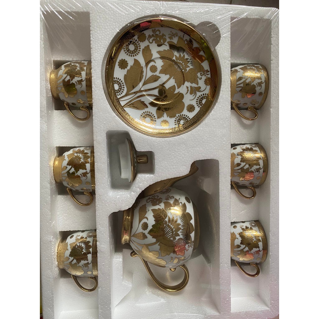 BỘ TÁCH TRÀ HOA VĂN NHŨ VÀNG HOÀNG GIA SANG TRỌNG - BỘ TRÀ 6 LY KÈM 7 ĐĨA DÙNG LÀM QUÀ TẶNG CAO CẤP