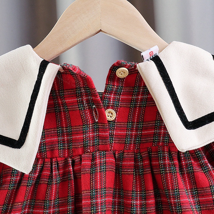 Đầm Tay Dài Chất Liệu Cotton Thoáng Khí Thoải Mái Họa Tiết Caro Đỏ Dễ Thương Cho Bé Gái