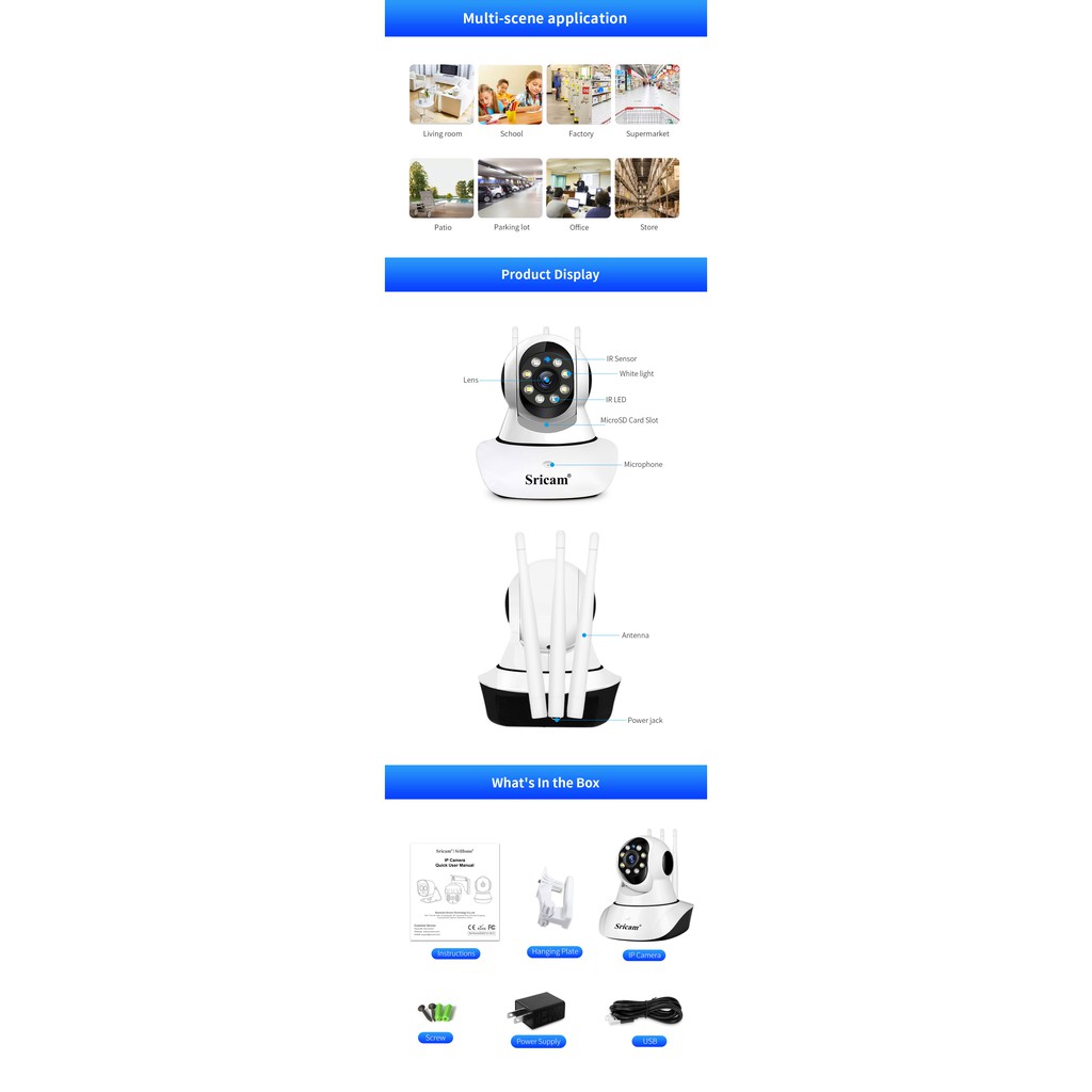 Camera IP Wifi SriHome SP029 3 Râu 2MP FullHD 1080P, Có màu ban đêm, Xoay 355 độ (Trắng) - 4 Phân Loại