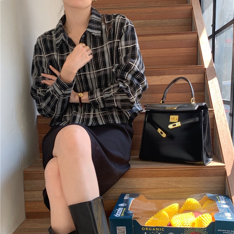 SUXI Áo Sơ Mi Dài Tay Họa Tiết Ca Rô Phong Cách Hàn Quốc Cổ Điển Dành Cho Nữ