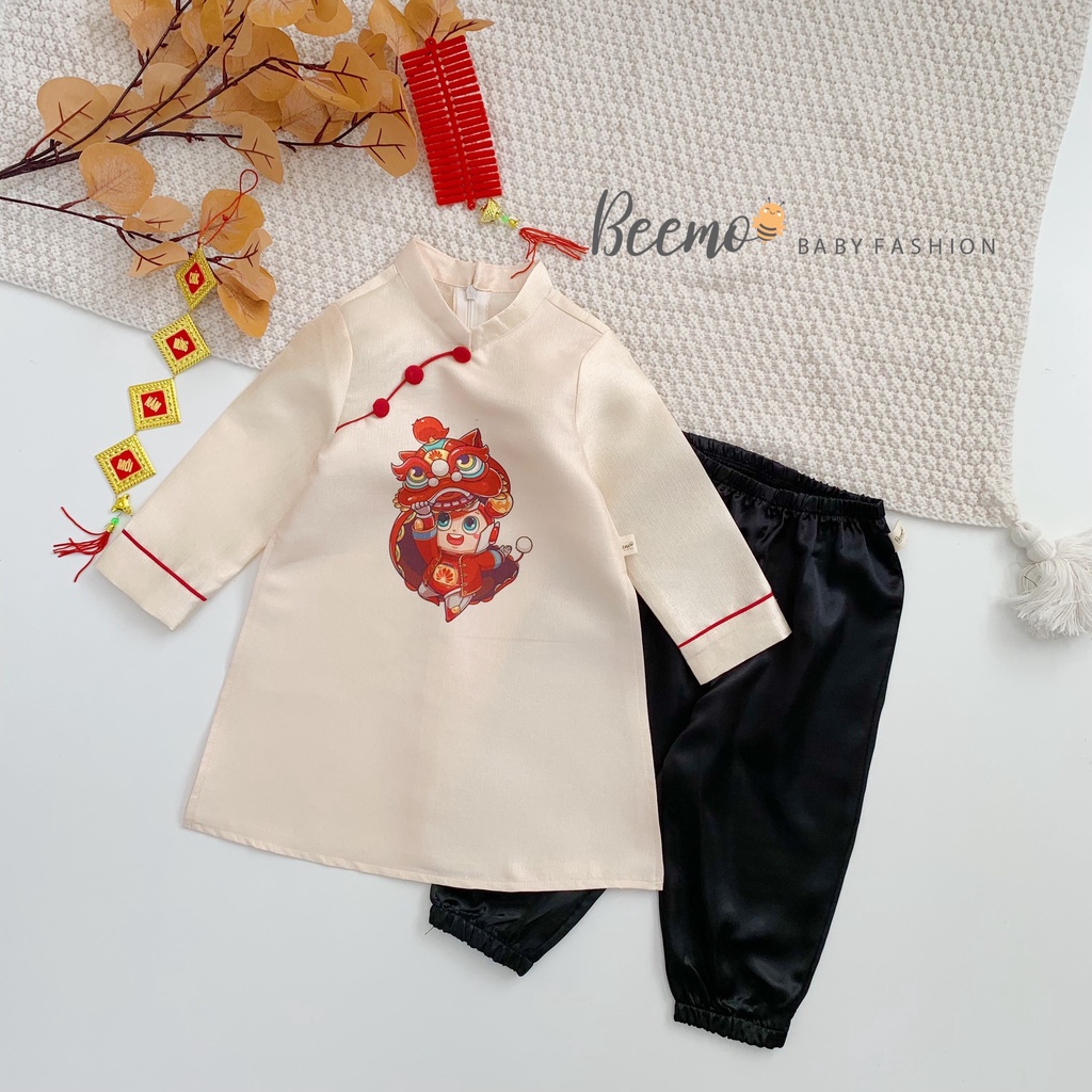 Áo dài Tết cho bé Beemo, Chất liệu tasta nhũ, quần lụa bóng, họa tiết chú lân B095