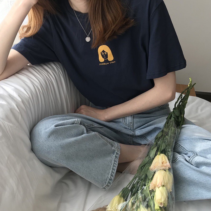 WANG JIAO ZHAN Áo thun nữ tay ngắn họa tiết mặt cảm xúc phong cách Hàn Quốc