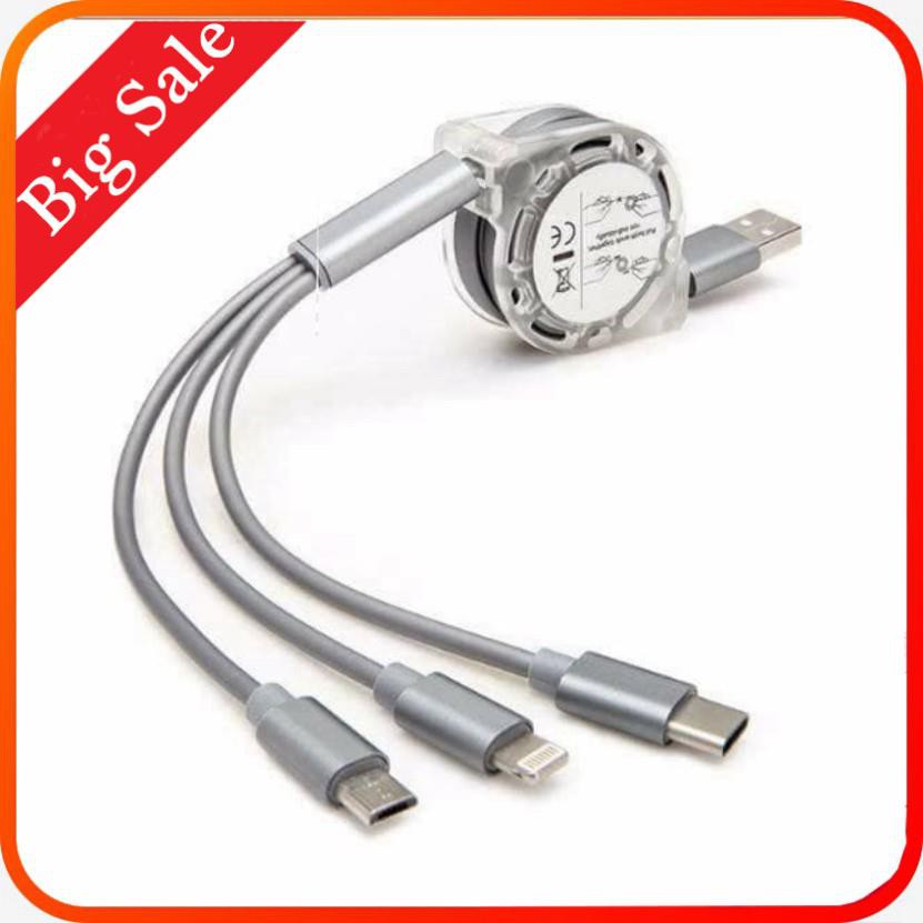 Sạc nhanh điện thoại dây rút đầu USB đa năng 3 đầu sạc