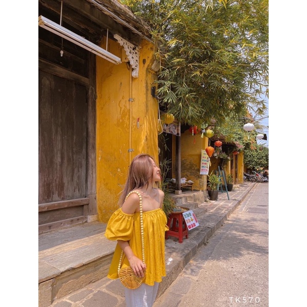 Áo bẹt vai tay phồng 6 màu mặc cặp, mặc nhóm đi biển