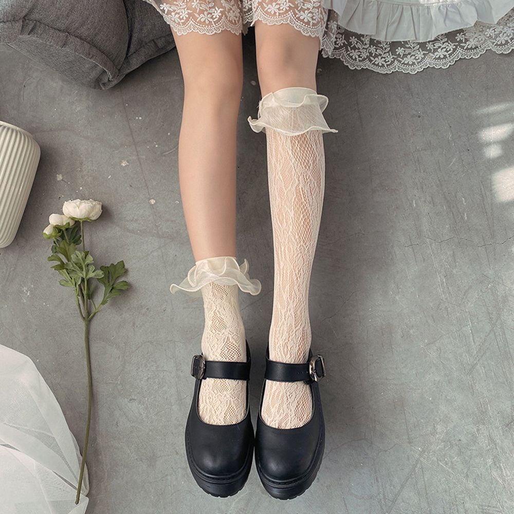 Vớ lưới nhún bèo ren họa tiết hoa rỗng phối nơ phong cách Lolita Hàn Quốc ngọt ngào sành điệu cho nữ