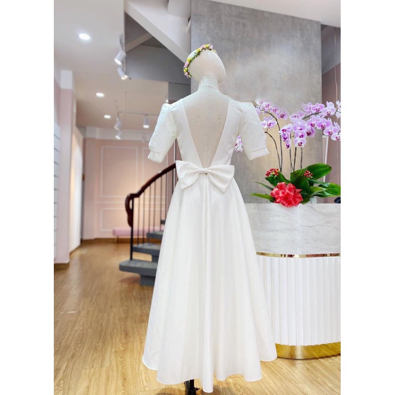Đầm xòe cổ vuông hở nơ lưng gợi cảm chất phi lụa taffeta sang trọng siêu xinh TRIPBLE T DRESS - size M/L - MS109Y
