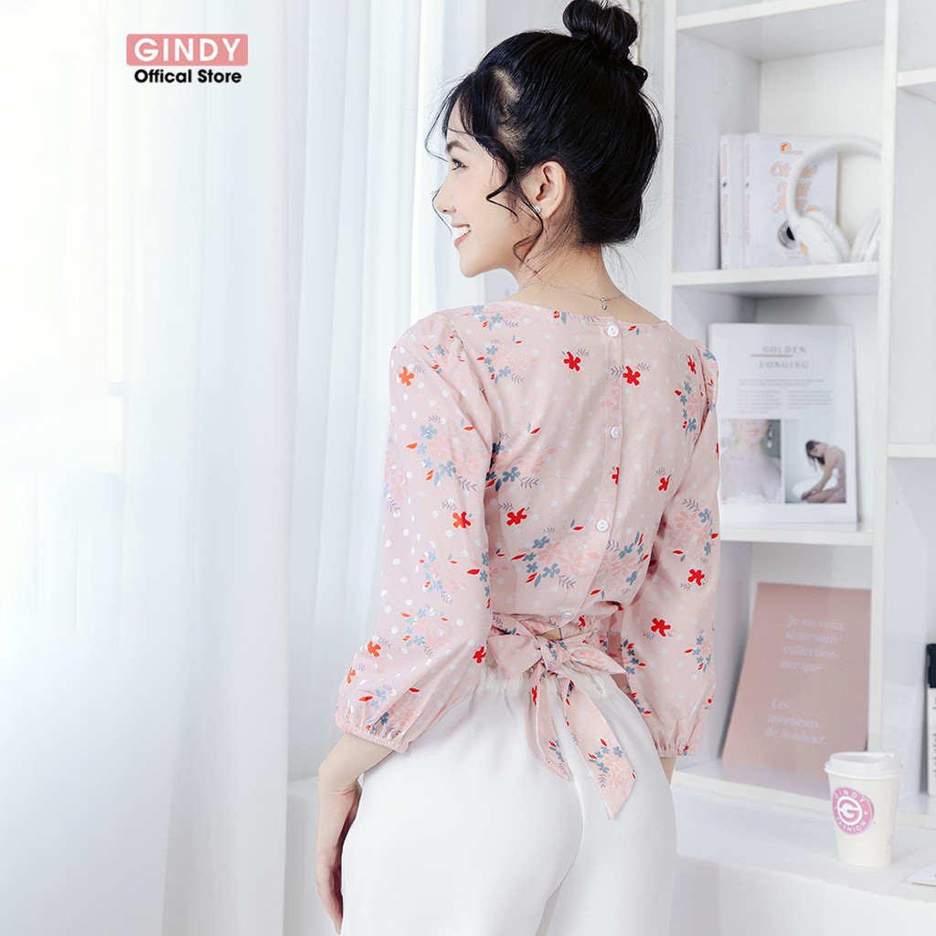 Áo sơ mi lụa nữ dáng croptop cổ vuông dài tay GINDY họa tiết hoa hải đường chất lụa ngọc trai mềm mát thoải mái A5102