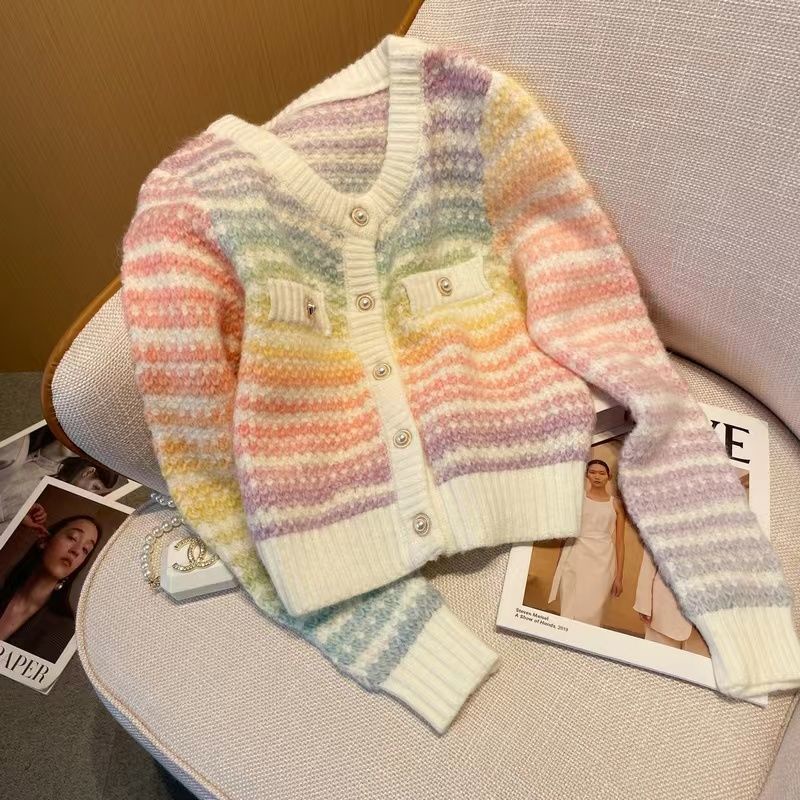 Áo Khoác Cardigan Dệt Kim Màu Sắc Cầu Vồng Xinh Xắn Cho Nữ  tao bao
