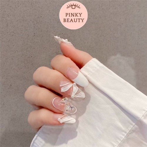 Bộ 24 Móng Giả Đính Đá Pinky Beauty Thời Trang Cá Tính Cho Nữ Mùa Lễ, Tết, Móng Tay Giả Kèm Keo Chính Hãng