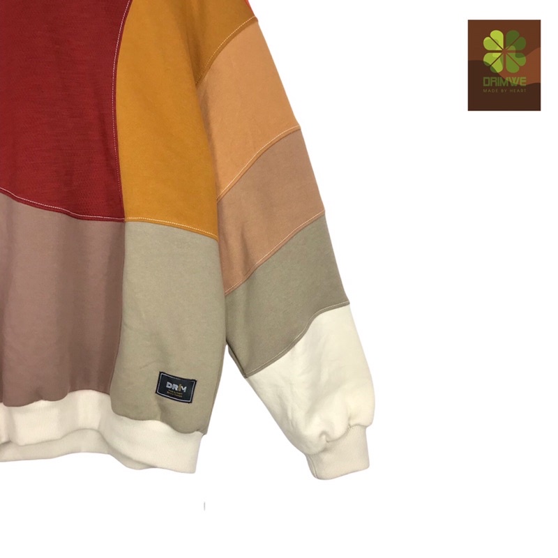 Áo sweater nỉ unisex DRIMWE GHÉP SS22 phối màu đỏ,Áo nỉ sweater nam nữ form rộng