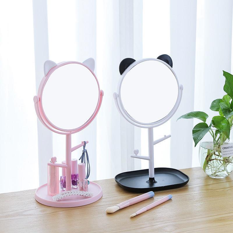 Gương trang điểm để bàn có giá treo đồ trang sức hình tai mèo đáng yêu