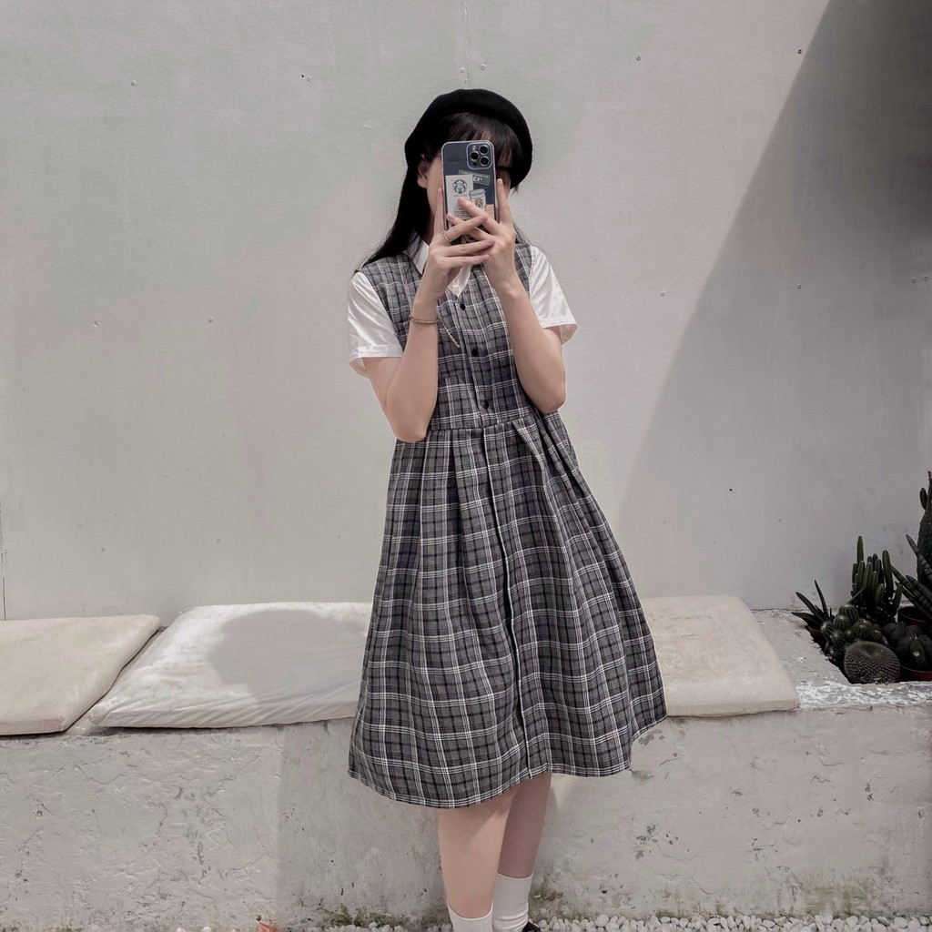 Váy yếm hoạ tiết kẻ caro xám form rộng ulzzang basic - Made by Fiin | BigBuy360 - bigbuy360.vn