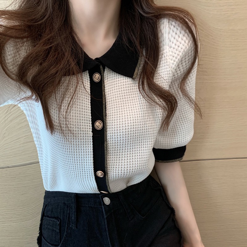 (ORDER) Áo sơ mi nữ POLO cổ bẻ phối 2 màu đen/trắng gọn dáng style công sở đơn giản