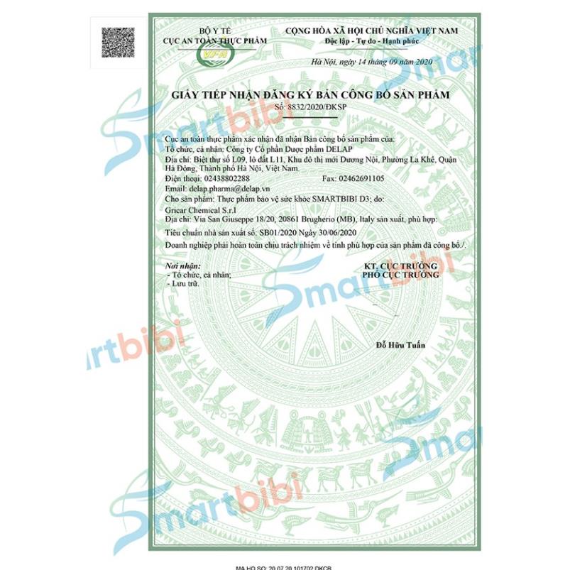 Smartbibi D3, bổ sung Vitamin D3, giúp hỗ trợ hấp thu Canxi, hỗ trợ xương, răng chắc khỏe; giảm nguy cơ còi xương ở trẻ