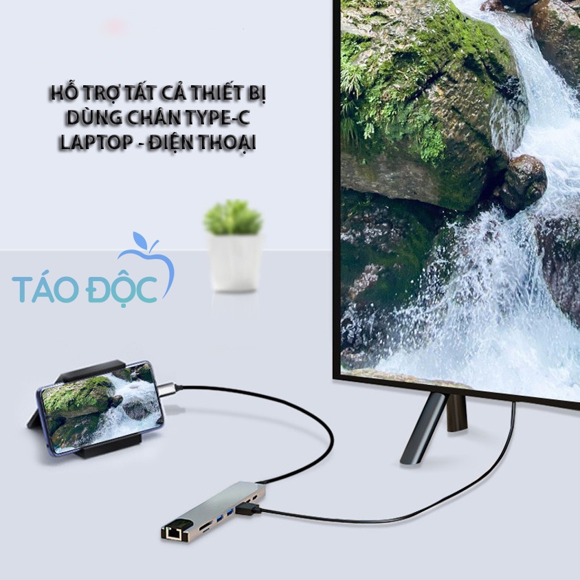 Hub Type C 8in1 - Cổng Chuyển Đổi HDMI,USB 3.0,SD,TF,RJ45,PD Type-C Cho Laptop máy tính táo