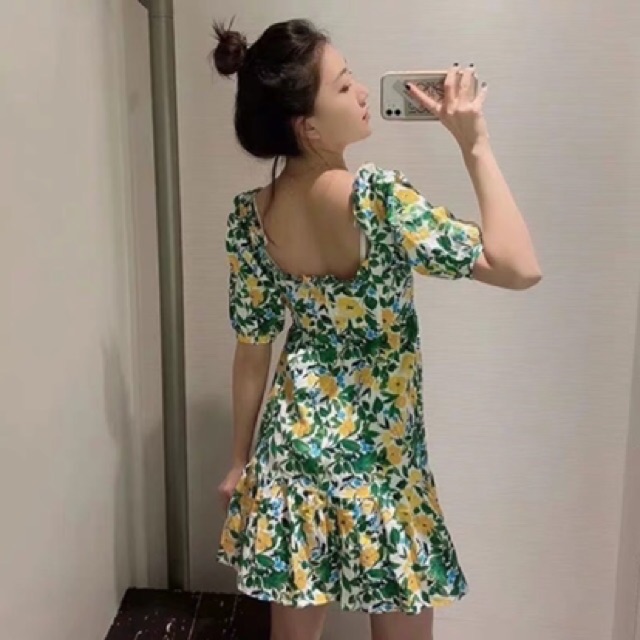 Đầm Zara hoạ tiết lá xanh hoa vàng màu rất đẹp, rạng rỡ DH1BTG4N8