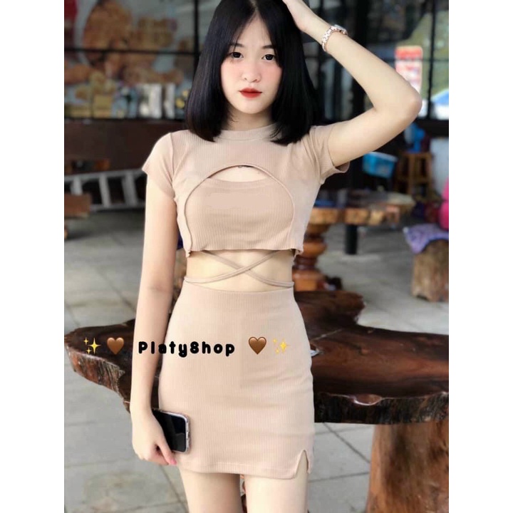 Sét bộ áo croptop hở lửng quấn dây eo phối chân váy ngắn body cực xinh , chất thun bozip mềm mịn