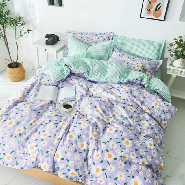 Bộ Drap & Chăn Phao Cotton Poly Hoa Tím