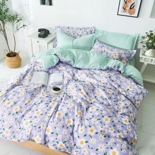 Bộ drap & chăn phao cotton poly hoa tím
