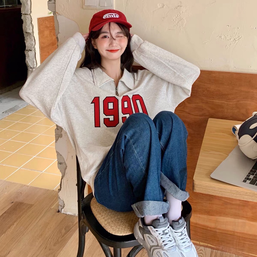 Áo Nỉ Sweater 1990 Form Rộng Cổ khóa Unisex Nam Nữ Màu Xanh Ulzzang AVALA