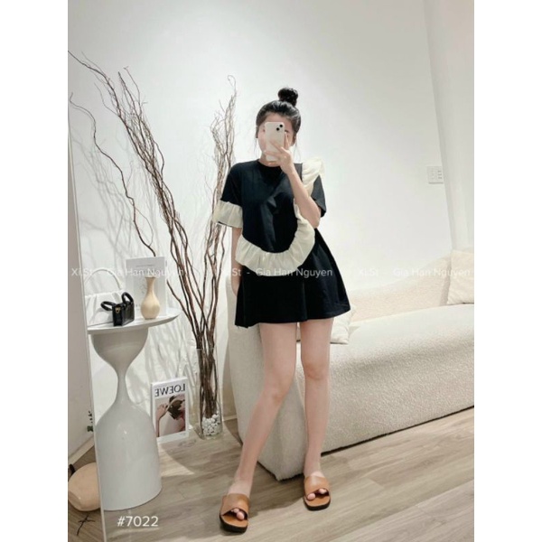 Đầm Suông Đen Viền Bèo Trắng