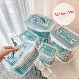 Sét 5 hộp bảo quản đồ tủ lạnh 15 món,đựng thực phẩm có nắp đậy cao cấp - khay nhựa để tủ lạnh kèm rổ ráo nước