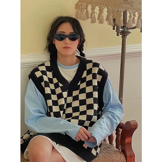 Áo len gile kẻ caro [SẴN ĐEN] | BigBuy360 - bigbuy360.vn