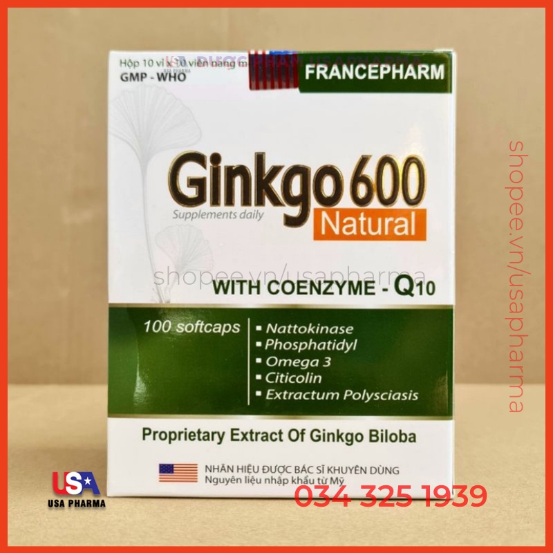 Viên bổ não Ginkgo 600 tăng cường trí nhớ, tuần hoàn máu não, giảm hội chứng tiền đình, trí nhớ suy giảm - Hộp 100 viên