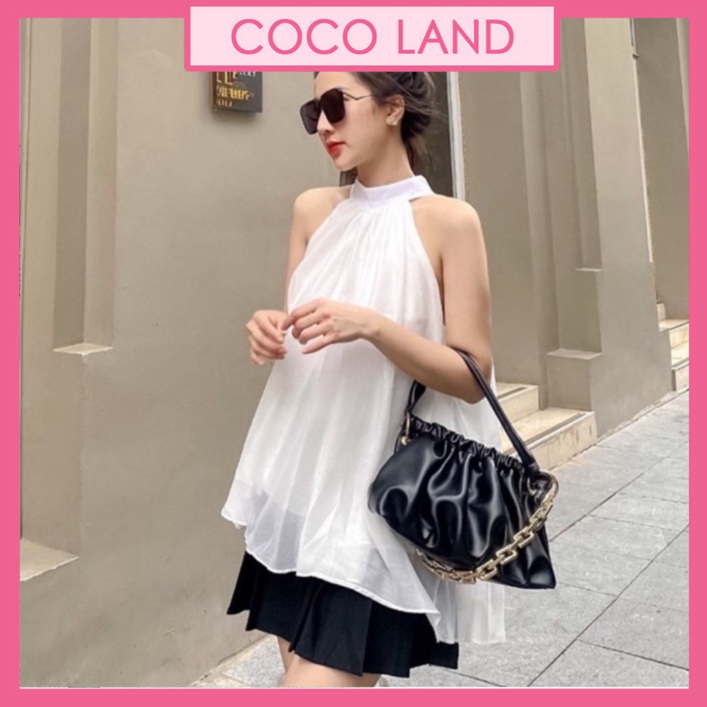 Áo kiểu nữ cổ yếm 2 lớp- Áo hở vai phối dây bản to_013 babydoll bánh bèo mầu trắng