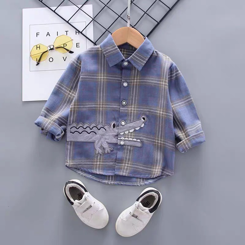 AT11 - Áo sơ mi bé trai, áo sơ mi kẻ dài tay in cá sấu cho bé trai từ 8-20kg