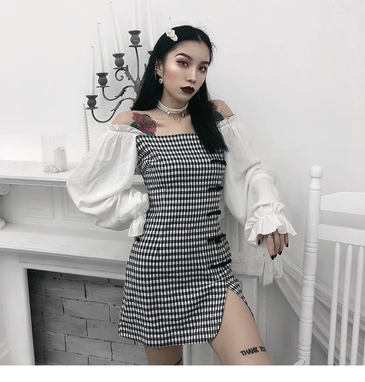 Đầm tay dài không dây họa tiết caro ôm eo cho nữ