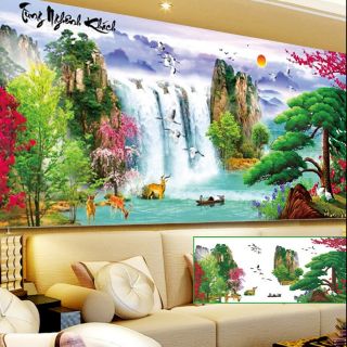 Tranh đính đá phong cảnh sơn thủy hữu tình tùng nghênh khách (bức tranh 4 mùa) khổ lớn kt 205×95 cm