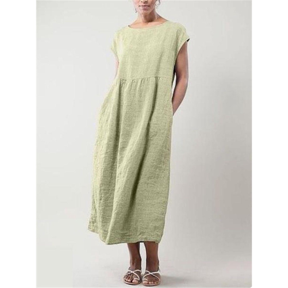 Đầm Dài Vải Lanh Cotton Tay Ngắn Màu Trơn Plus Size Cho Nữ