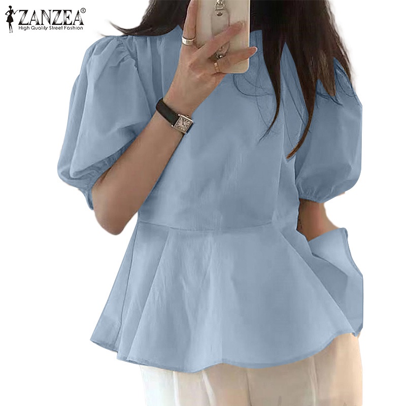 Áo Sơ Mi Kiểu Zanzea Tay Phồng Cổ Chữ V Tà Xếp Ly Eo Ôm Thời Trang Thường Ngày Cho Phụ Nữ