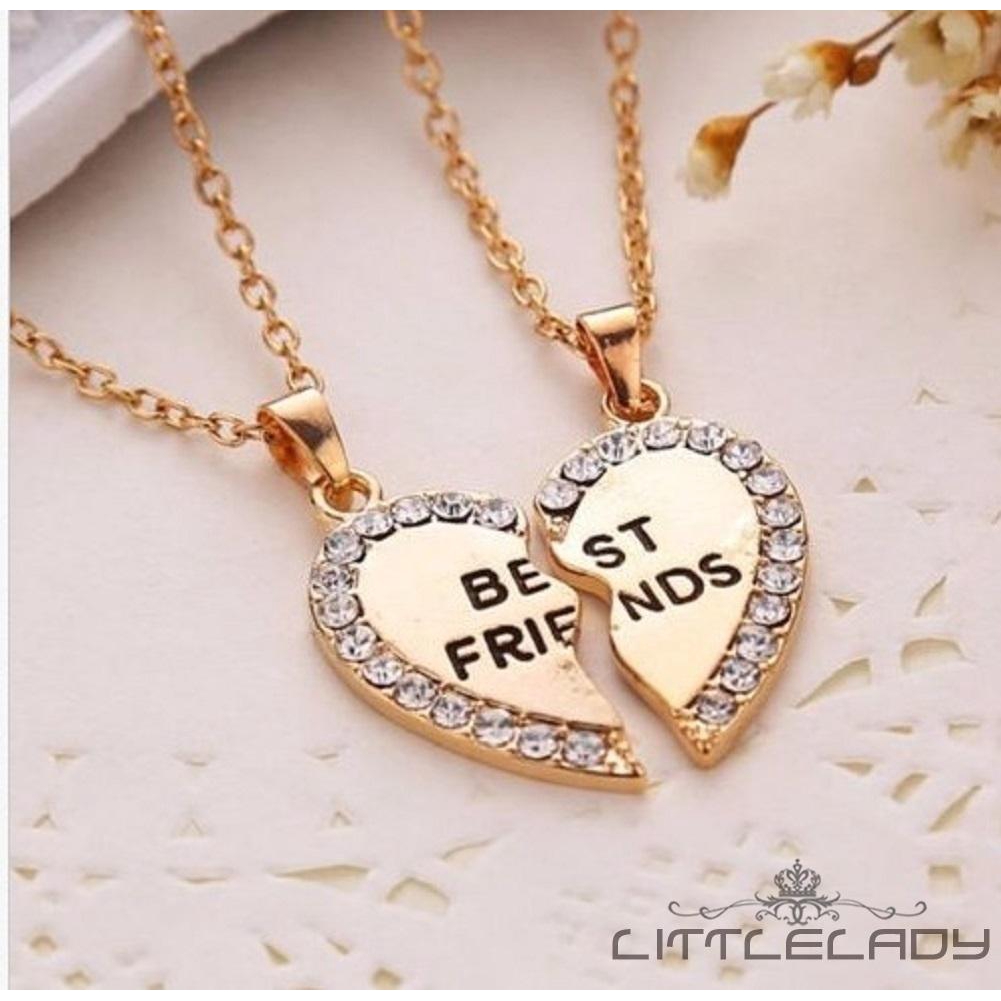 Best Friend Gift Heart Rhinestone Gold Silver 2 Pendants Necklace Bff