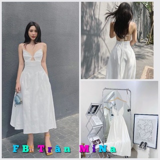 Đầm midi trắng kem 2 dây cutout ngực hở cột dây lưng ✨