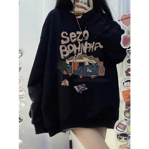 Áo sweater SELVZE cotton cổ tròn dáng rộng phong cách đường phố Mỹ chất lượng cao