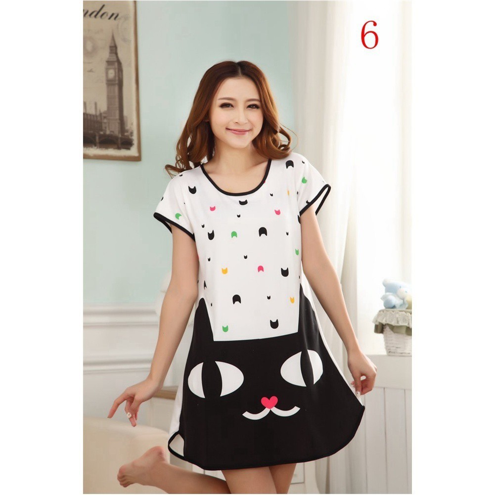 Đầm ngủ cổ tròn tay ngắn họa tiết hoạt hình dễ thương cho nữ | BigBuy360 - bigbuy360.vn