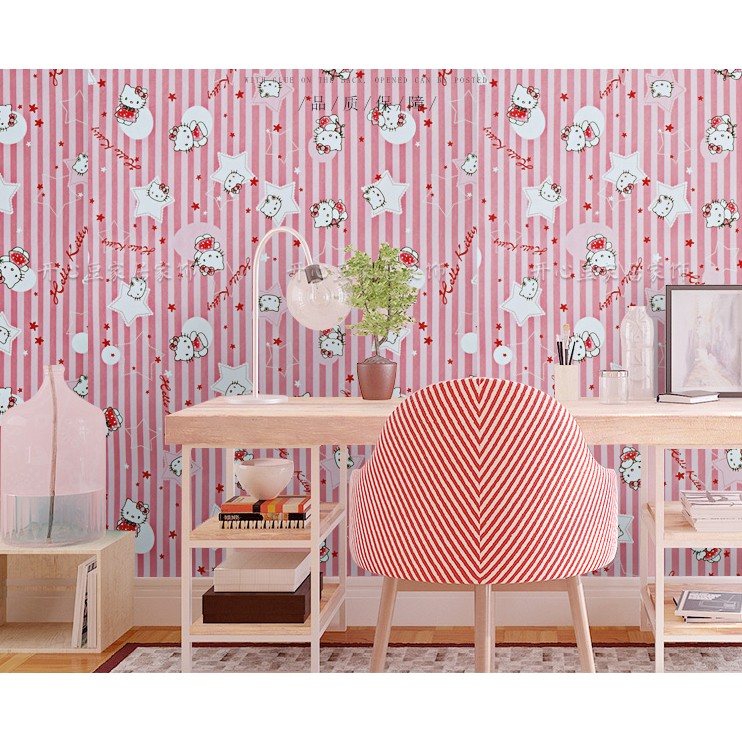 Decal giấy dán tường kitty sọc hồng (khổ rộng 45cm)