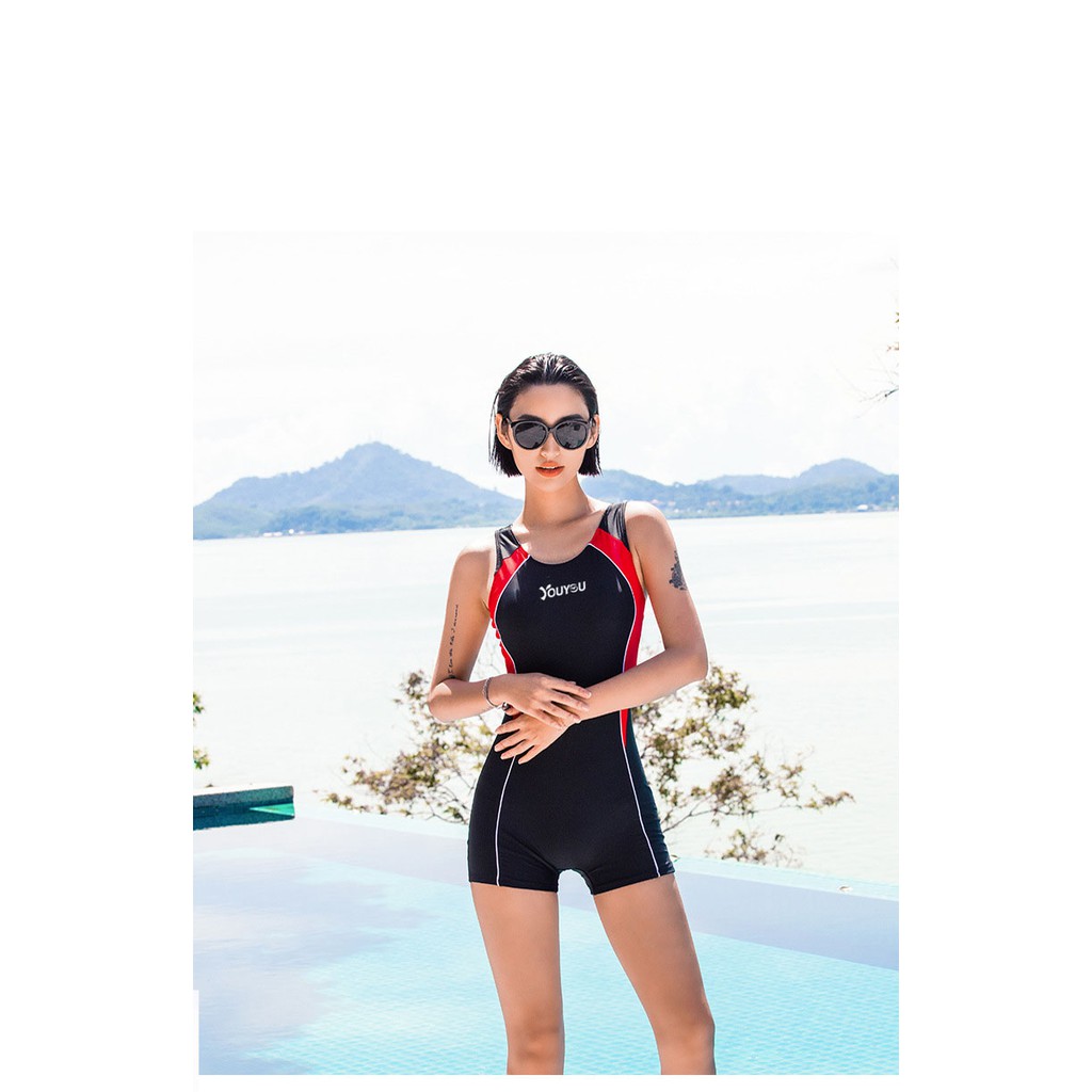 bikini bộ đồ bơi nữ chuyên nghiệp hiệu youyou liền mảnh đen phối đỏ | BigBuy360 - bigbuy360.vn