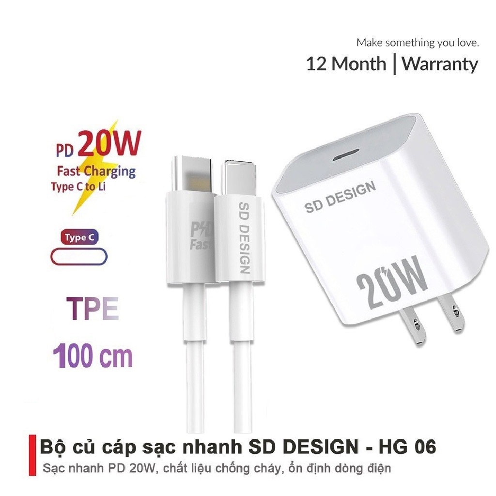 Bộ Củ Cáp Sạc Nhanh 20W SD SENDEM HG06 sạc ổn định an toàn cho điện thoại ip 6 đến 13 pro max