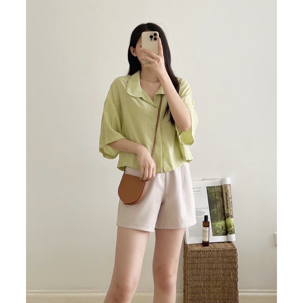 Áo sơ mi croptop tay ngắn chất đũi, mềm mại, phong cách ullzang Hàn Quốc, QUYNHANHPUKA