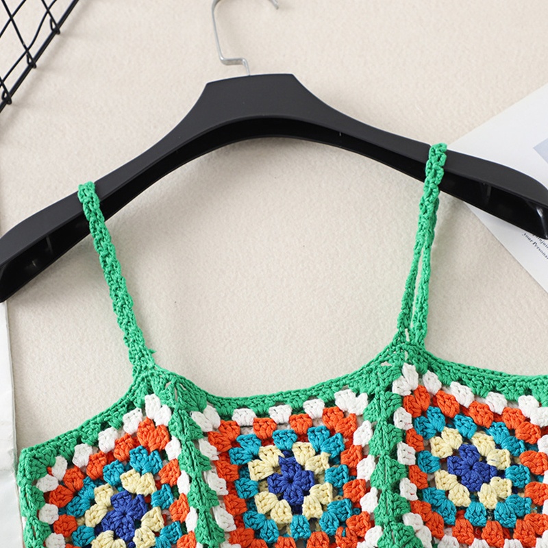 Brroa Áo Crop Top Hai Dây Dệt Kim Khoét Rỗng Kẻ Sọc Vuông Nhiều Màu Gợi Cảm Sho Cho Nữ