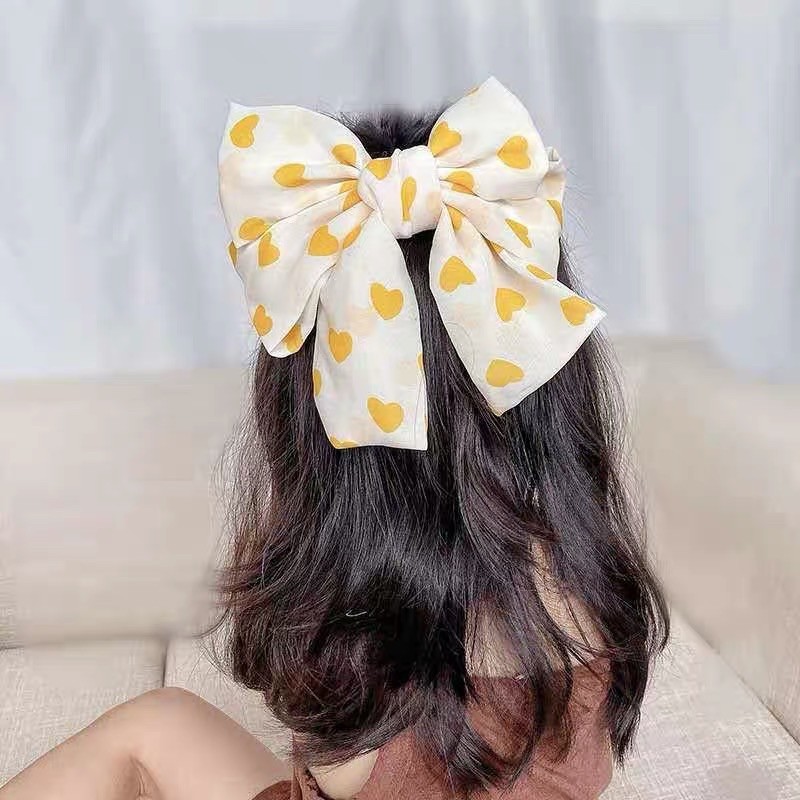 Kẹp tóc nơ ribbon Tiểu thư siêu xinh hoạ tiết tim