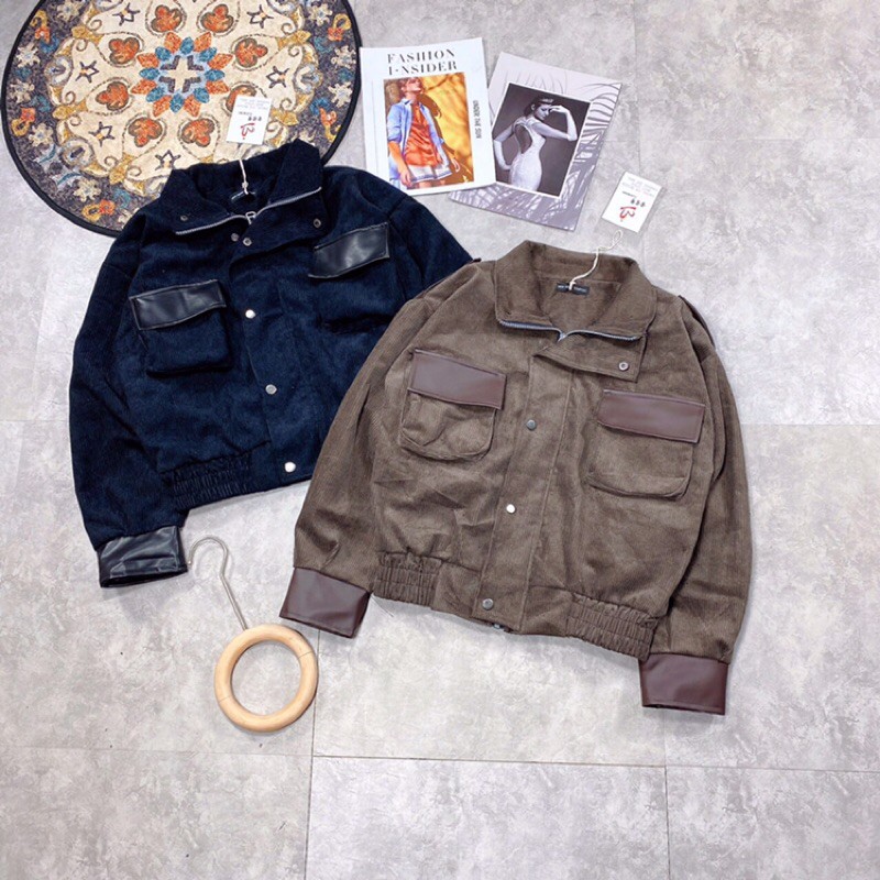 Áo khoác nhung phối da