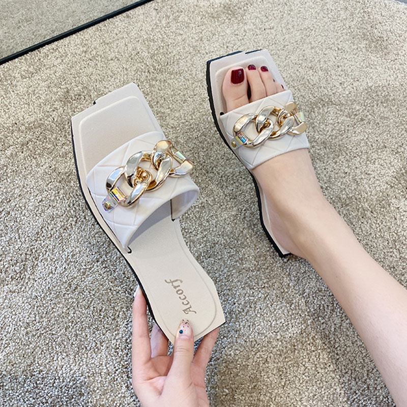 Big Size 36-41 Dép nữ XIELUAIZTA đế bằng trang trí chuỗi xích thanh lịch thời trang đi biển