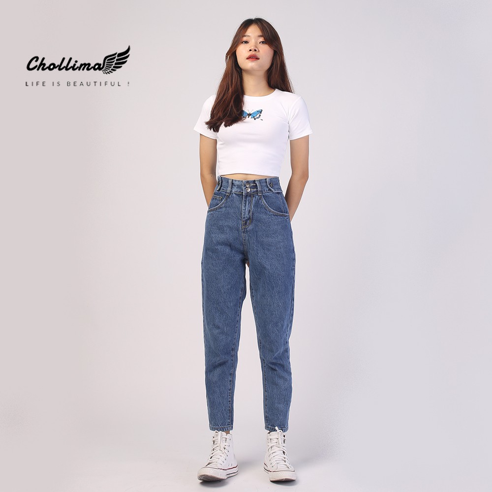 Quần baggy jeans nữ Chollima form rộng 2 bách vuông,lưng thun QD016